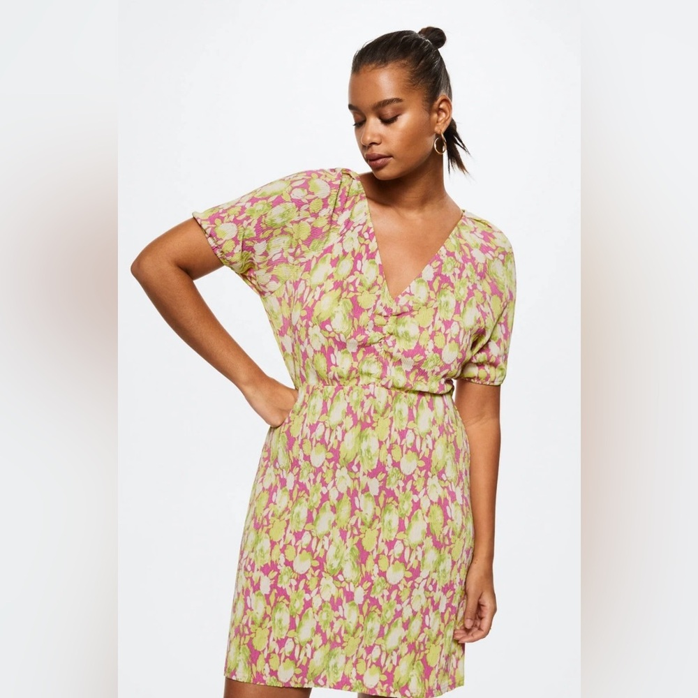 Mango Floral V-Neck Mini Dress – Pink &‎ Lime Green